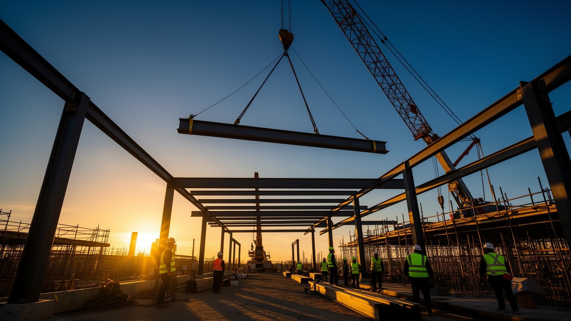 Steel structure being lifted at sunset on a Lynx construction site